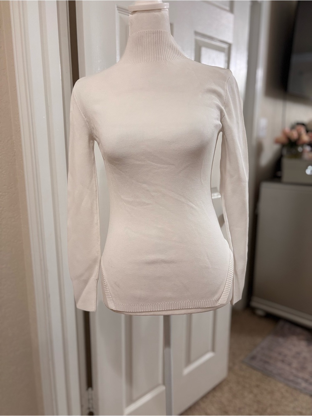 Zara Cream Ribbed Mock Neck Long Sleeve Top